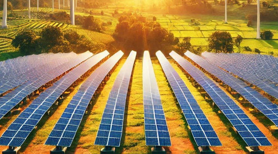 A ground-mounted solar array in open country